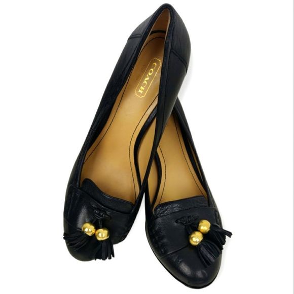 COACH CARALIE BLACK GENUINE LEATHER TASSEL DECOR PLATFORM HEELS PUMPS SHOES 8B - Picture 1 of 13